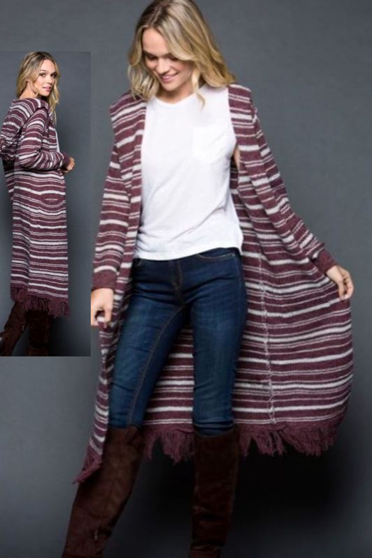 Gee Gee Striped Hoodie Long Cardigan - Burgundy