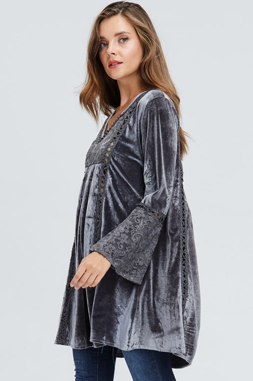 Velzera Boho Embroidered Velvet Tunic Dress - Gray