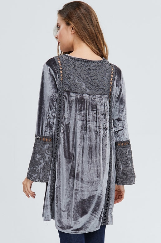 Velzera Boho Embroidered Velvet Tunic Dress - Gray