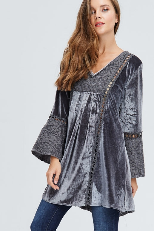 Velzera Boho Embroidered Velvet Tunic Dress - Gray