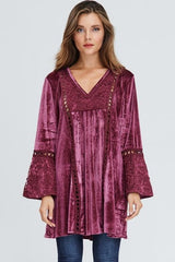 Velzera Boho Embroidered Velvet Tunic Dress - Dusty Rose