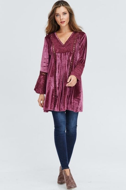 Velzera Boho Embroidered Velvet Tunic Dress - Dusty Rose