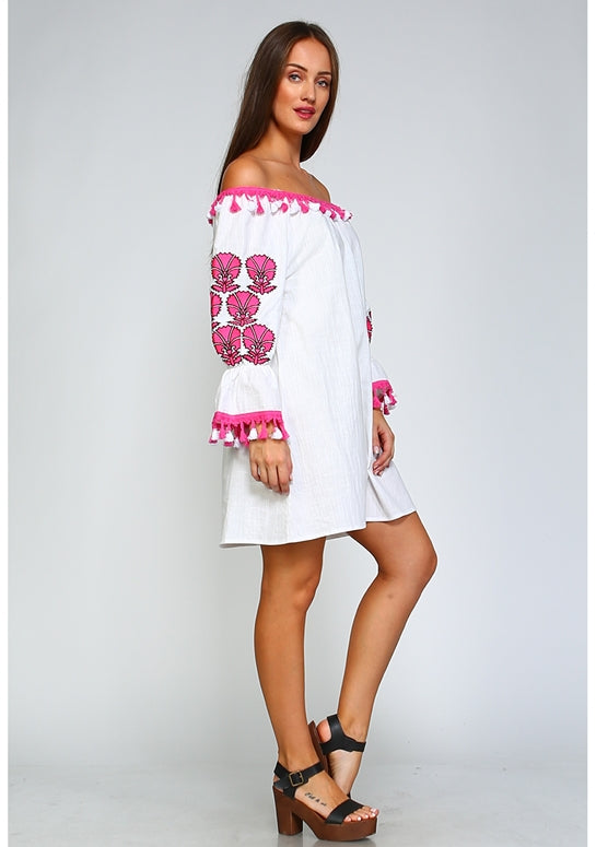 Velzera Off Shoulder Embroidered Dress - Fuchsia