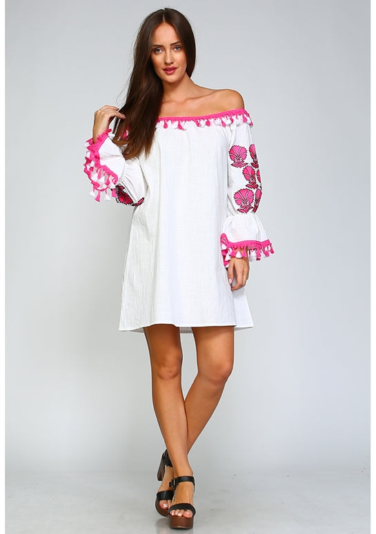 Velzera Off Shoulder Embroidered Dress - Fuchsia