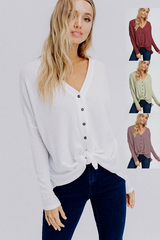 Comfy Button Waffle Blouse Crop - Four Colors