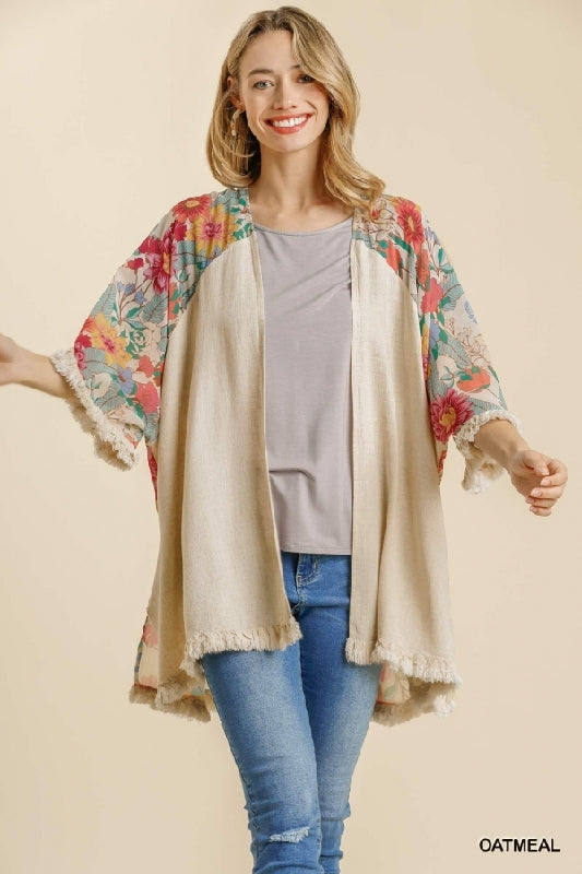 Umgee Linen Floral Kimono - Oatmeal