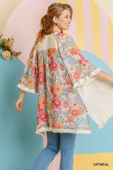 Umgee Linen Floral Kimono - Oatmeal