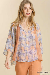 Umgee Roses Mixed Print Blouse - Cool Grey