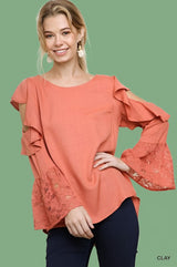 Ruffle Cold Shoulder Blouse - Clay
