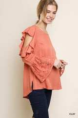 Ruffle Cold Shoulder Blouse - Clay