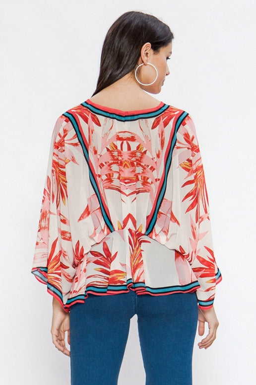 Flying Tomato Tropical Print Kimono Blouse - Red