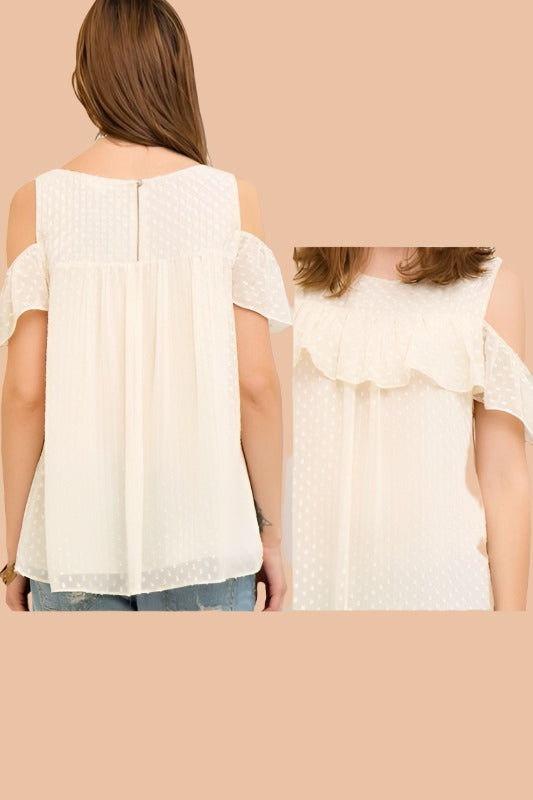 Entro Swiss Dot Ruffle Cold Shoulder Top - Natural