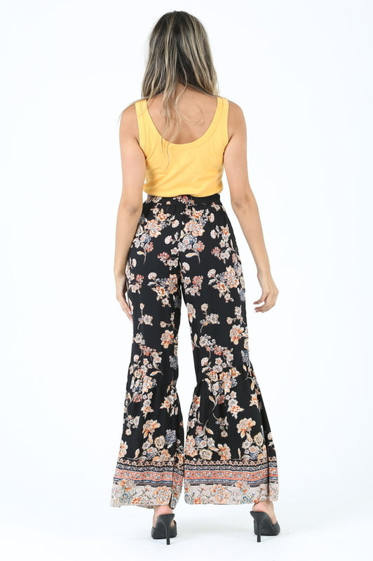 Angie Boho Floral Print Pants - Black