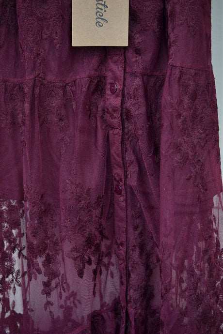 Embroidered Mesh Lace Maxi Mini Skirt - Burgundy
