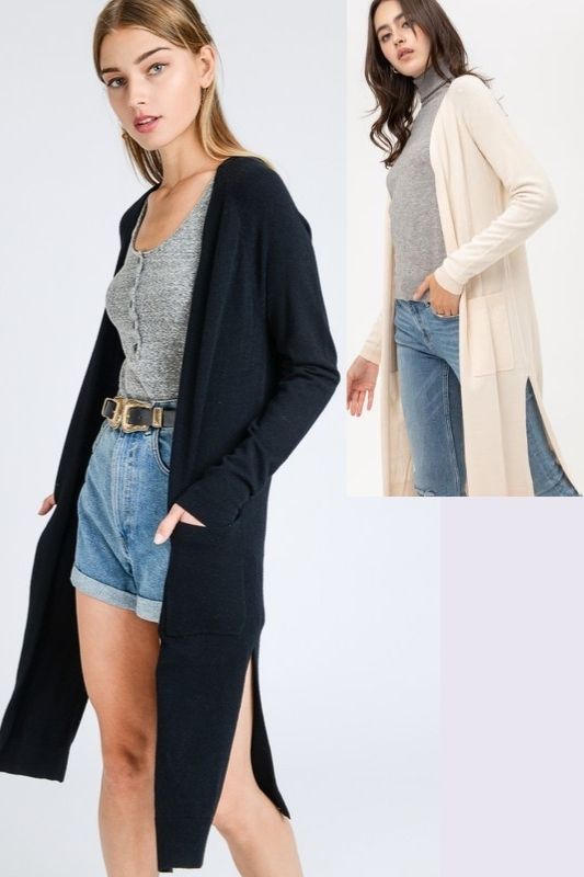Casual Long with Slit & Pockets Cardigan - Black or Butter