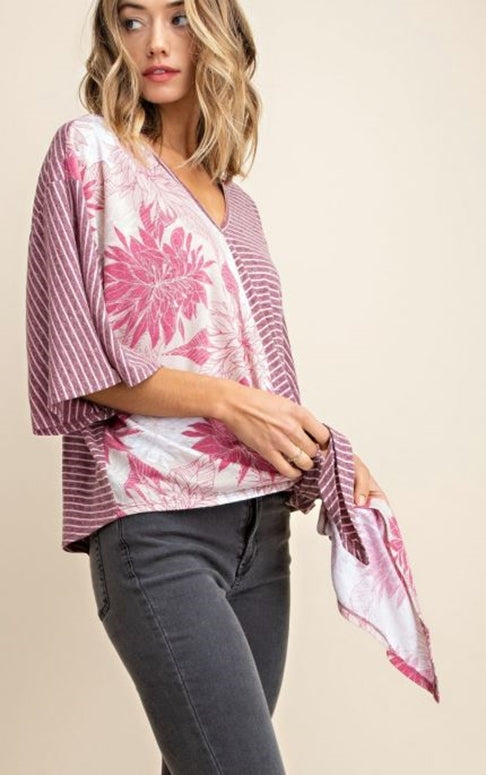 Mittoshop Short Kimono Sleeve Striped Top - Burgundy