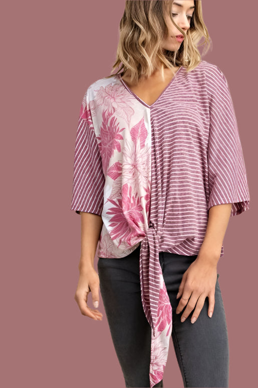 Mittoshop Short Kimono Sleeve Striped Top - Burgundy