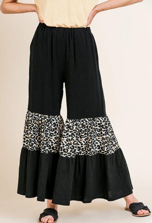 Umgee Leopard Ruffle Ankle Pants - Black