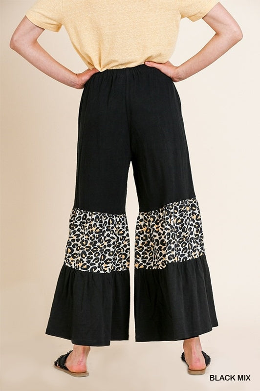 Umgee Leopard Ruffle Ankle Pants - Black