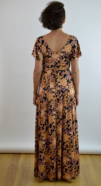 Carolina Floral Belted Wrap Maxi Dress - Mustard Black