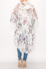 Origami Special Flower Print Hi Lo Kimono - Ivory