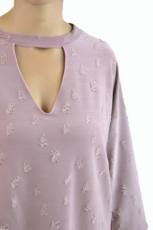 Distressed French Terry Choker Top - Mauve