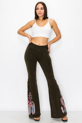 T-Party Aztec & Floral Embroidery Flare Foldover Pants - Brown