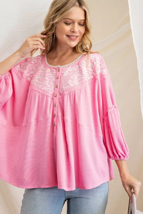 143 Story Embroidered Dolman Babydoll Short Top - Pink Pop