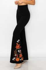 T-Party Floral Embroidery Flare Foldover Tall Pants - Black