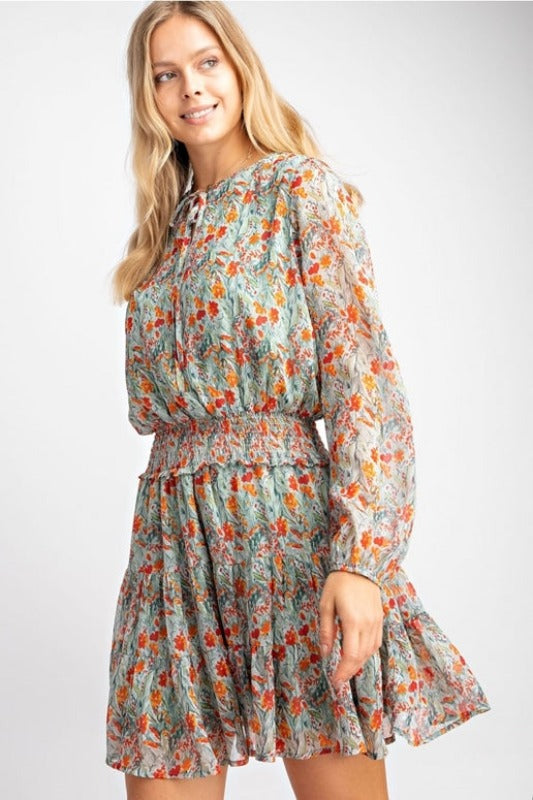 Easel Smocked Chiffon Layer Dress Mint/Tangerine Debra's Passion