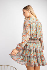 Easel Smocked Chiffon Layer Dress - Mint/Tangerine