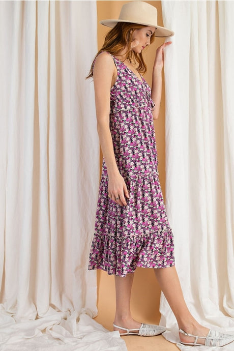 Easel Garden Party Midi Dress - Lilac Combo