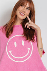 Easel Mineral Wash Smiley Cotton Dress - Pink