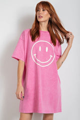 Easel Mineral Wash Smiley Cotton Dress - Pink