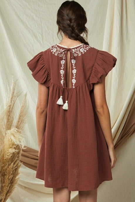 Entro Embroidered Babydoll Dress - Chocolate