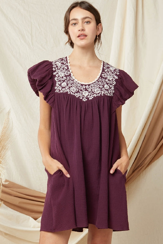 Entro Embroidered Babydoll Dress with Pockets - Grape