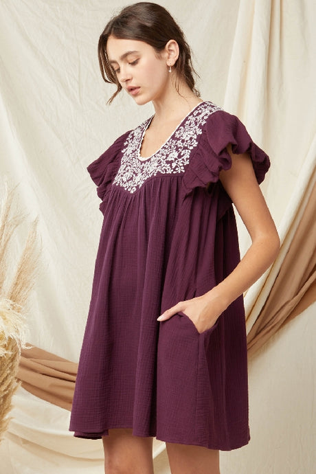 Entro Embroidered Babydoll Dress - Grape