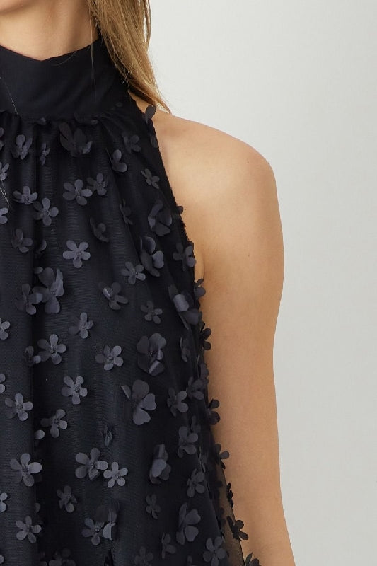 Entro Babydoll 3d Floral Applique Dress - Black
