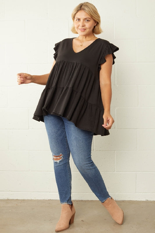Entro Cute Babydoll Top V Neck - Black