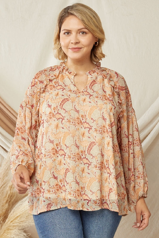 Entro Puff Sleeve Print Blouse - Natural