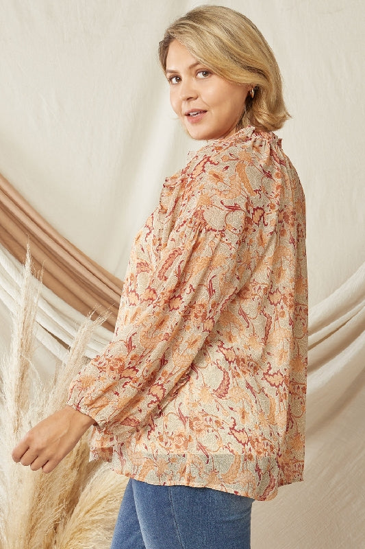 Entro Puff Sleeve Print Blouse - Natural