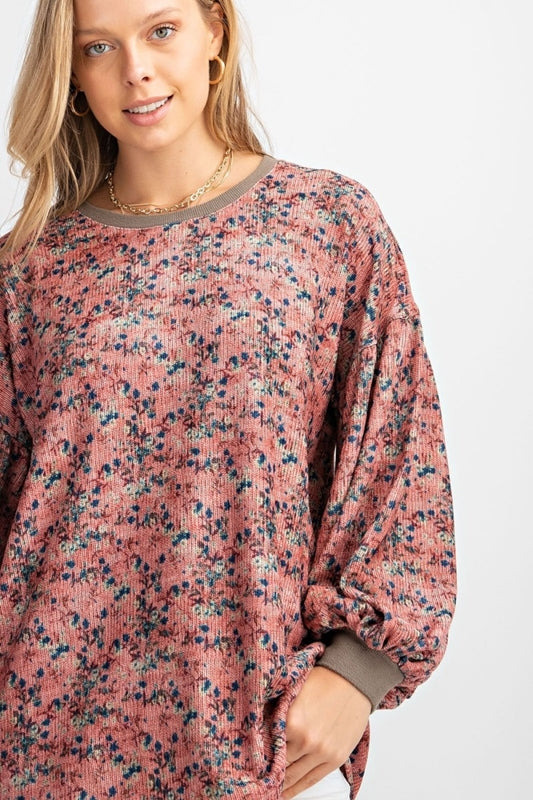 Easel Floral Corduroy Pullover Sweatshirt - Rose