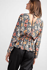 Easel Floral Print Peplum Blouse - Sage Grey