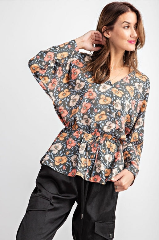 Easel Floral Print Peplum Blouse - Sage Grey