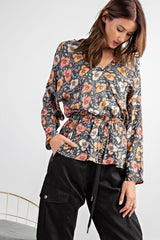 Easel Floral Print Peplum Blouse - Sage Grey