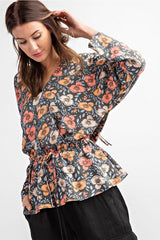 Easel Floral Print Peplum Blouse - Sage Grey