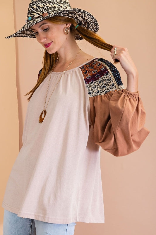 Easel Bubble Sleeve Top - Khaki