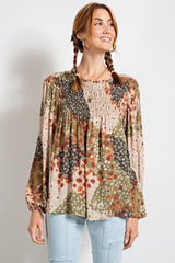 Easel Patchwork Smocked Bubble Sleeve Top - Olive Green