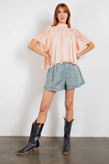 Easel Fairy Mock Neck Short Blouse - Peach