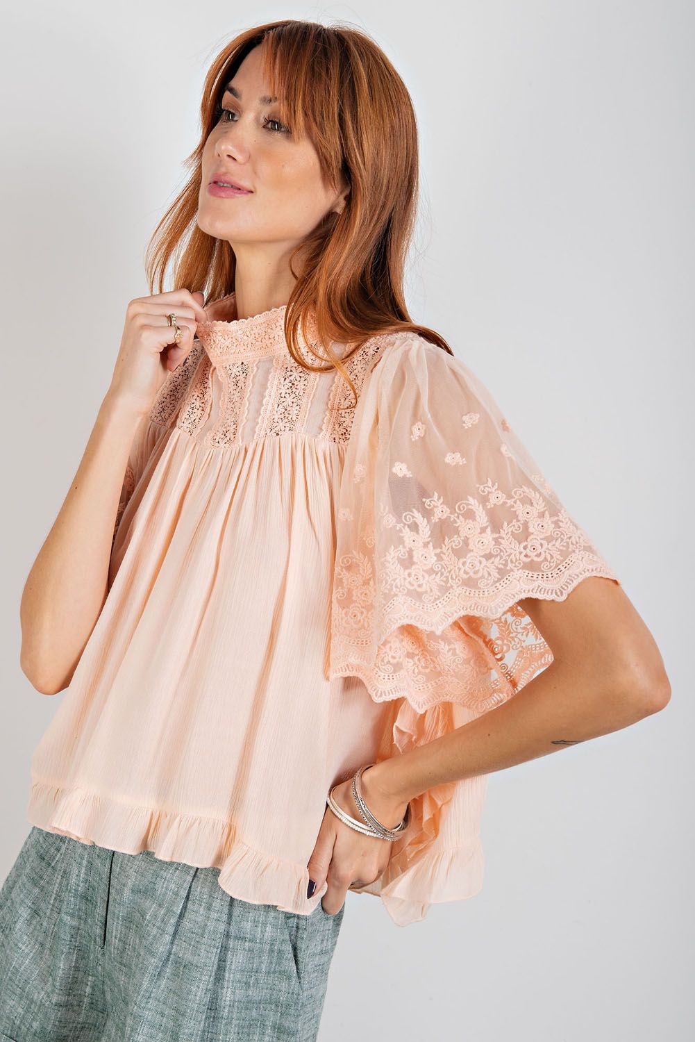 Easel Fairy Mock Neck Short Blouse - Peach